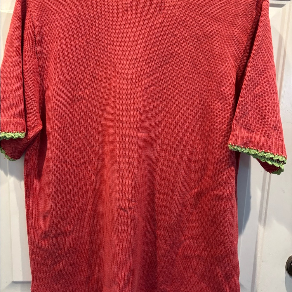 Quacker Factory Coral Knit Sweater with Green Trim and pretty beaded pelicans. L - Picture 4 of 5